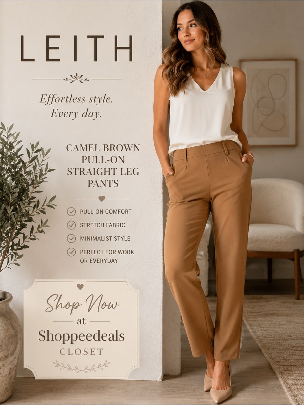 Leith Camel Brown Stretch Pull On Straight Leg Pants Size Small
